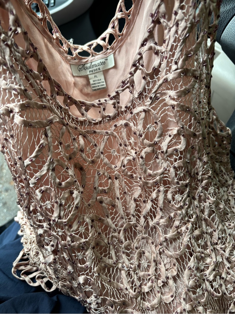 %100 silk vintage P Large Soulmates Beige Beaded Slip Midi Dress